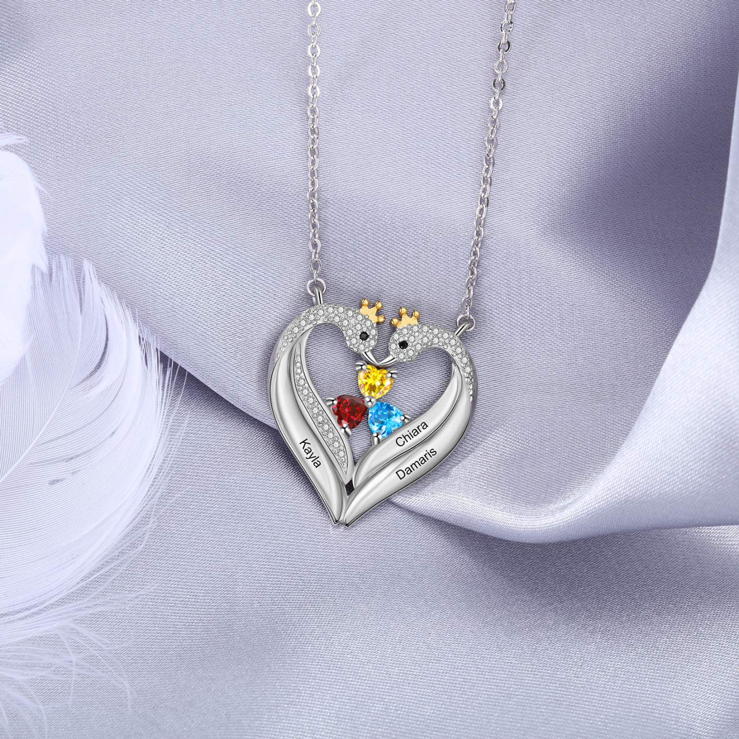Personalised Heart Swan Necklace With 3 Birthstones Engraved Names Necklace Gifts For Her-Jessemade AU