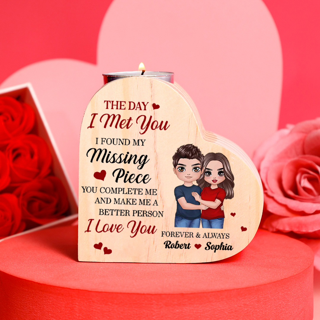 "I FOUND MY Missing Piece" Couple Heart Candle Holder Wooden Candlesticks Valentines Gift-Jessemade AU