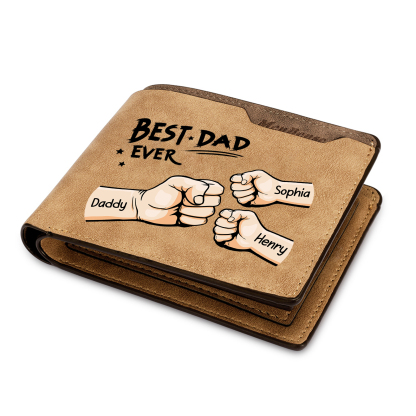 Best Dad Ever - Custom 3 Names & 1 Text Billfold Wallet Personalised Fist Bump Men's Leather Wallet