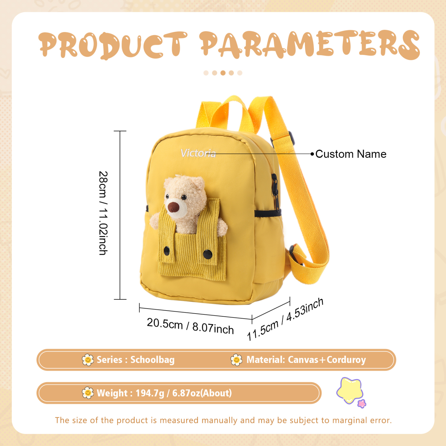 Personalised Bear School Bag Custom Name Canvas Backpack Back To School Gift for Kids-Jessemade AU