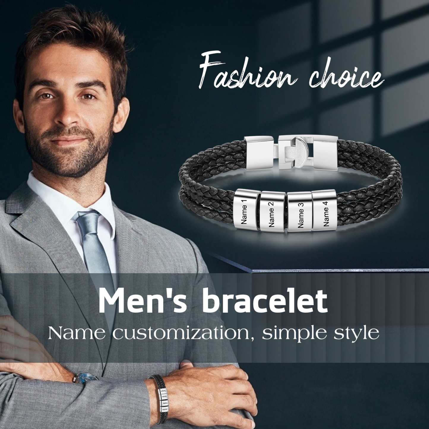 Personalised Braided Leather Bracelet Engraved 4 Names Men's Bracelet Gifts For Him-Jessemade AU