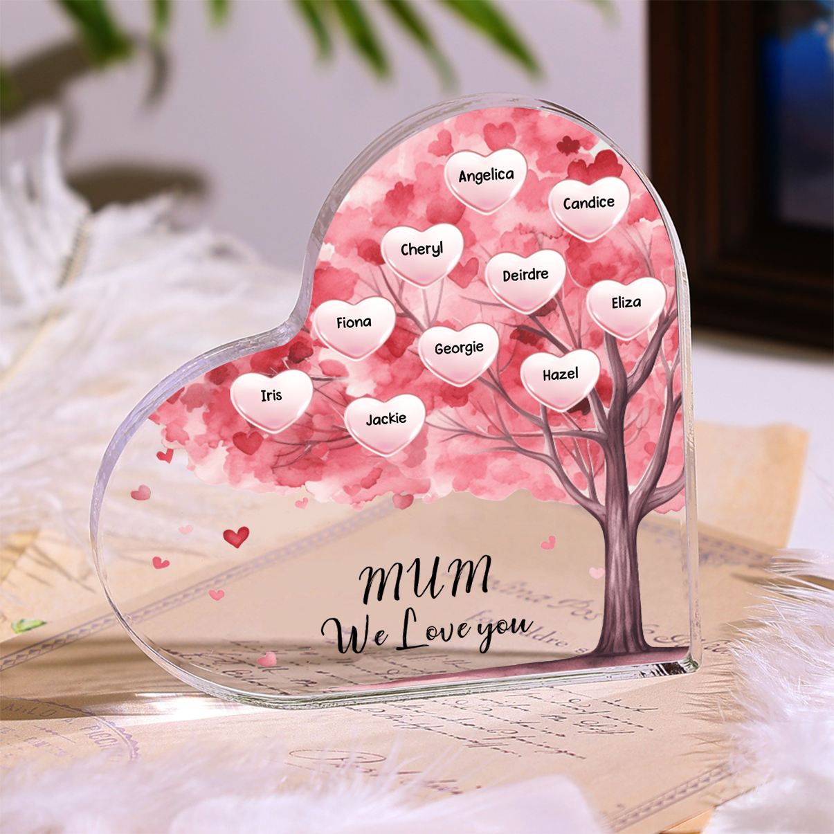 Personalised Text Acrylic Heart Keepsake Custom 1–12 Names Pink Purple Tree Ornaments Gifts for Grandma/Mother-Jessemade AU