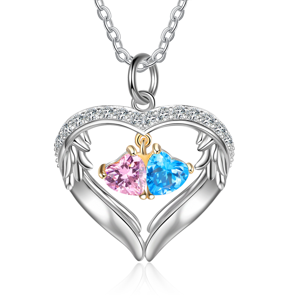 Personalised Wings Necklace With 2 Heart Birthstones Engraved Names Gift For Women-Jessemade AU