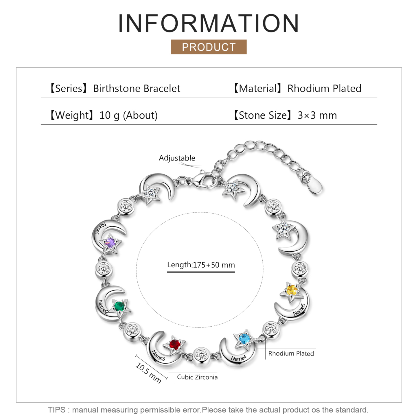 Personalised Moons And Stars Bracelet With 5 Birthstones Custom Names Bracelet Gift For Women-Jessemade AU