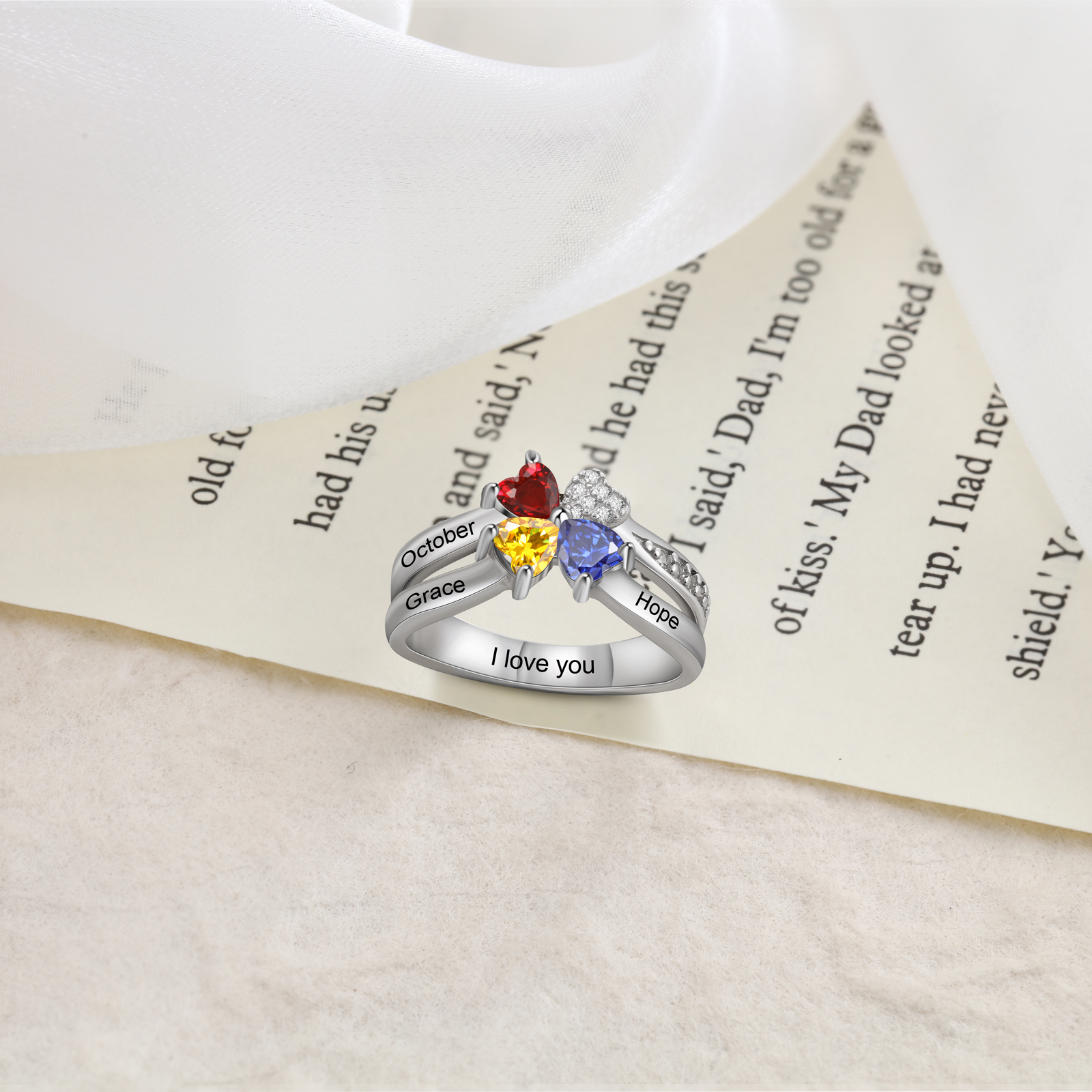 Personalised Ring With 3 Birthstones Engraved Names Ring Best Gift For Women-Jessemade AU