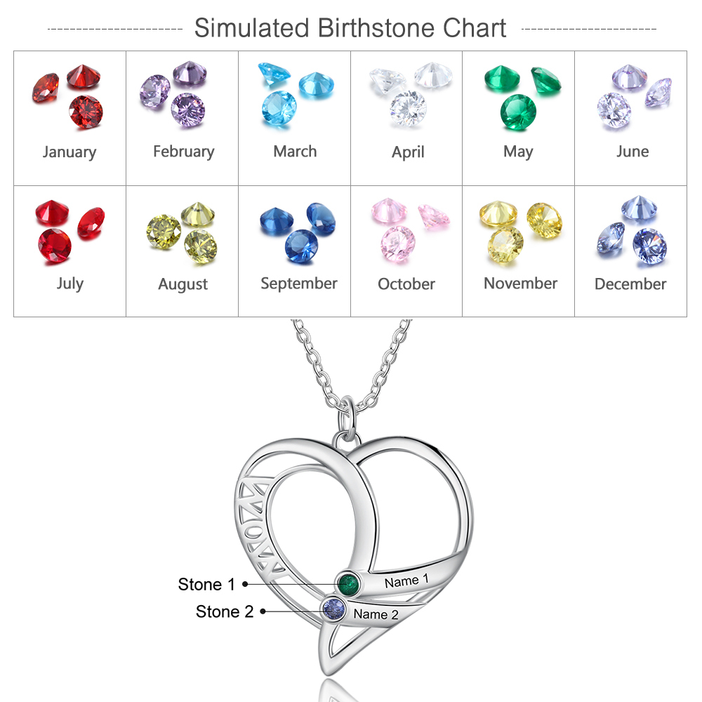 Personalised Heart Necklace With 2 Birthstones Engraved Names Gift For Mother-Jessemade AU