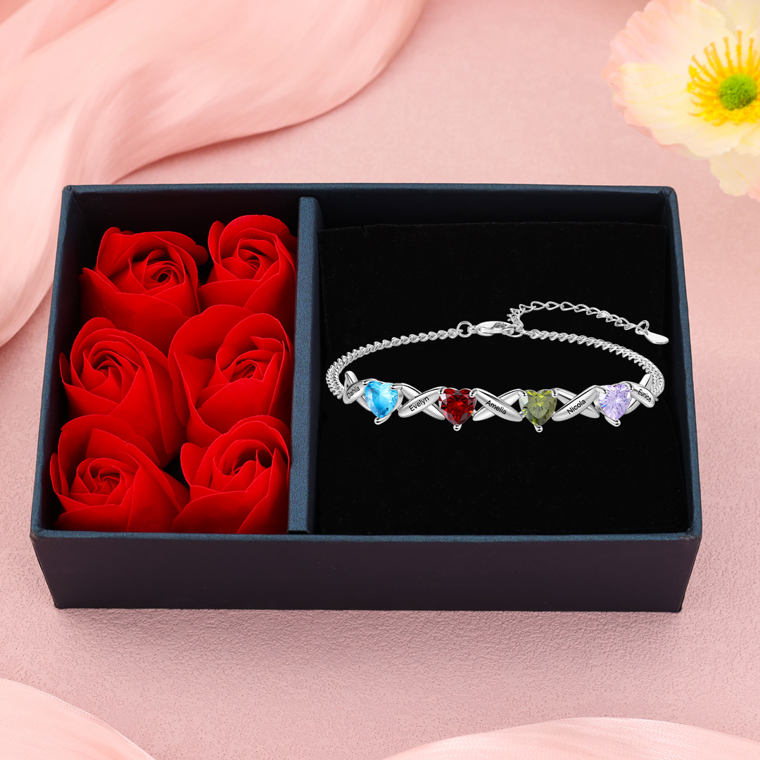Custom 4 Birthstones Bracelet Engraved 5 Names Bracelet Personalised Birthday Gift for Her-Jessemade AU