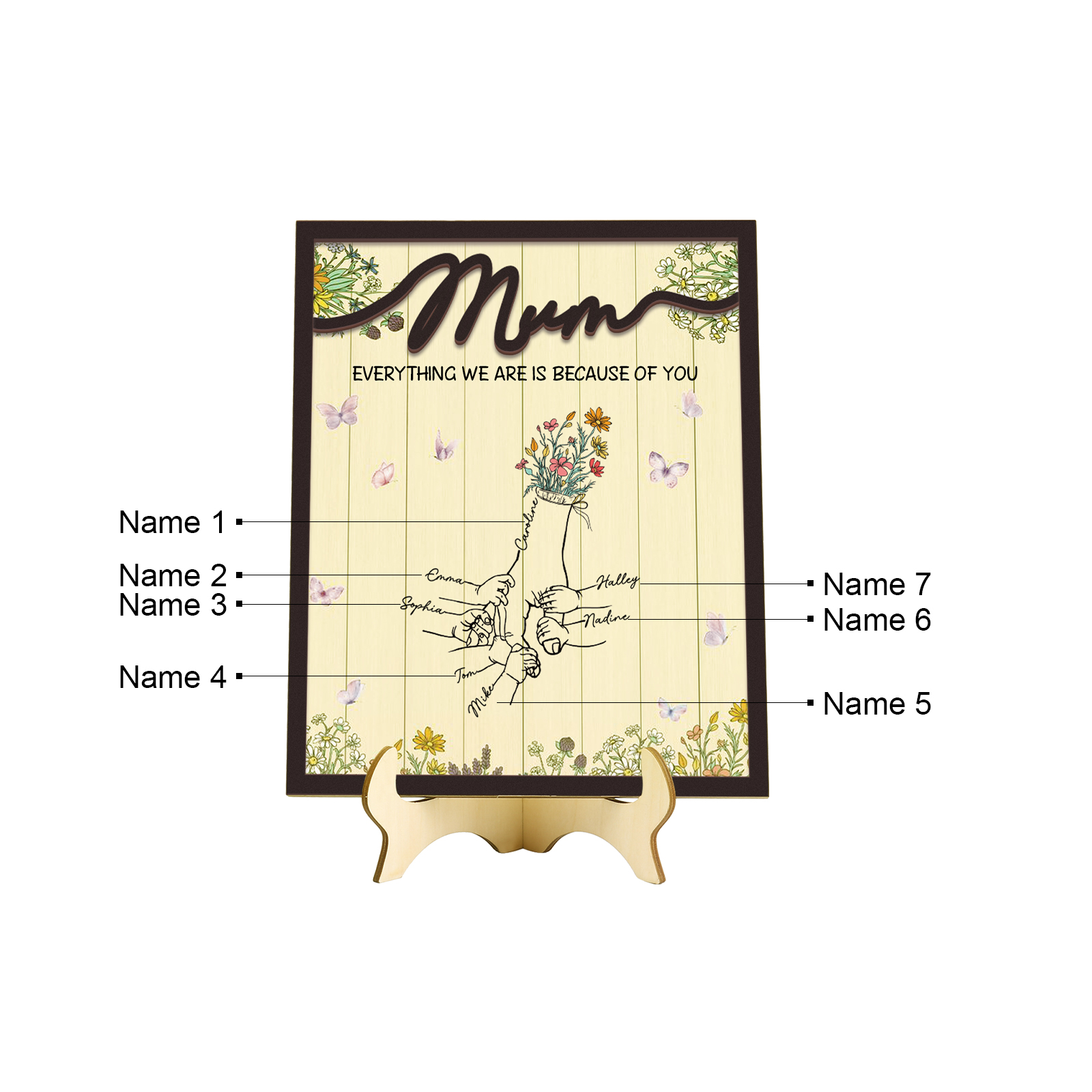 Personalised 7 Names Wooden Plaque Holding Mum's Hand Desktop Decoration With Stand - EVERYTHING WE ARE IS BECAUSE OF YOU-Jessemade AU
