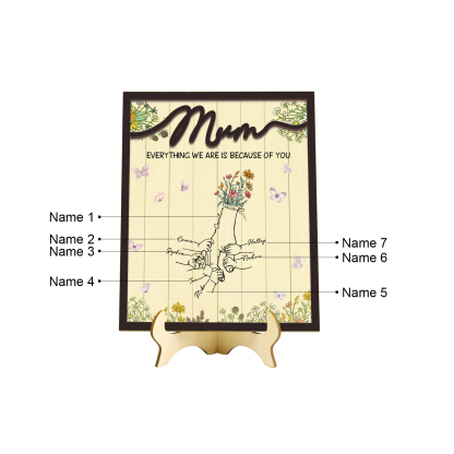 Personalised 7 Names Wooden Plaque Holding Mum's Hand Desktop Decoration With Stand - EVERYTHING WE ARE IS BECAUSE OF YOU-Jessemade AU