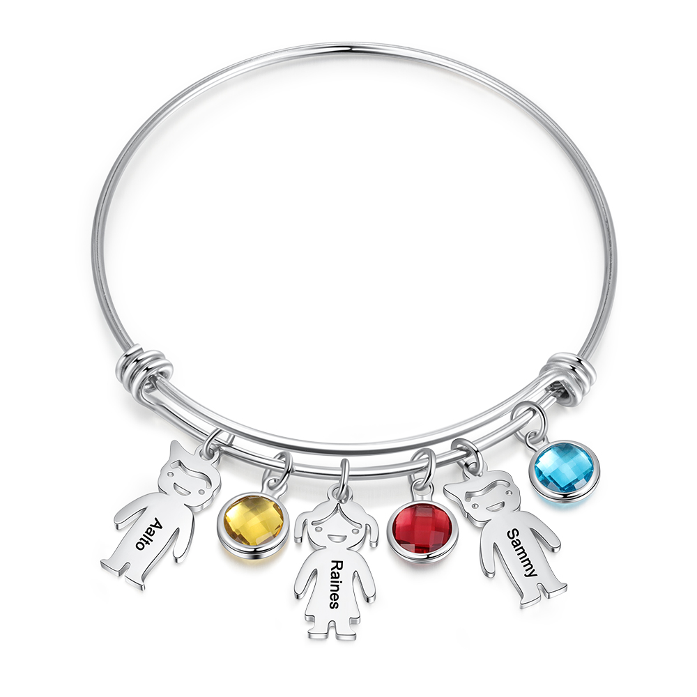 Personalised Kid Charms Bangle Bracelet With Names Customised 3 Birthstones Gift for Her-Jessemade AU