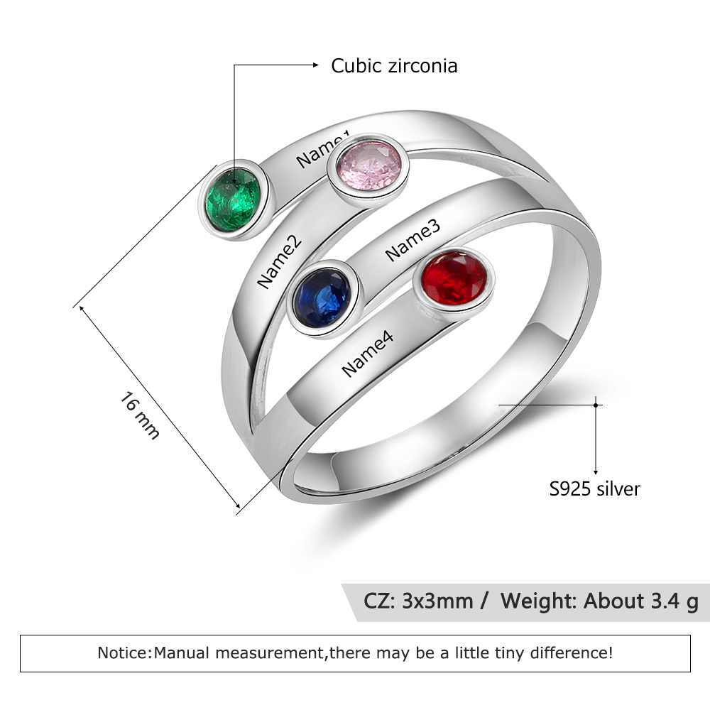 Personalised Ring With 4 Birthstones Engraved Names Ring Gift For Women-Jessemade AU