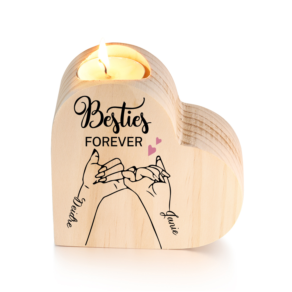 Besties Forever Wooden Candle Holder Customised 2 Names Pinky Swear Candlesticks -Jessemade AU
