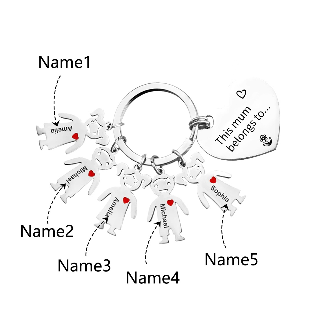 5 Names - Personalised Keychain with Kid Charm Engraved Names Keychain Heart Gift for Nan/Mum-Jessemade AU