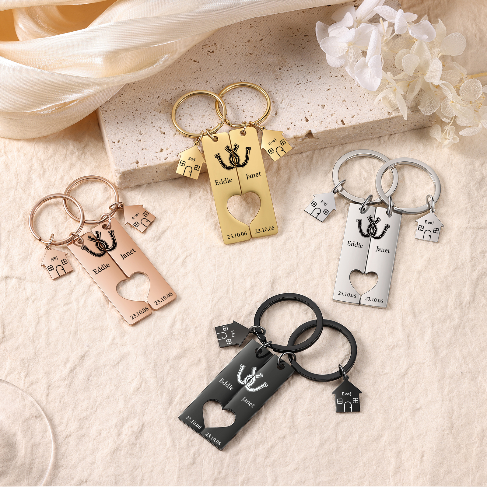 Personalised Couple Keychain Custom 2 Names & Letters & Dates Metal Keyring Heart Matching Keychains for Couples-Jessemade AU