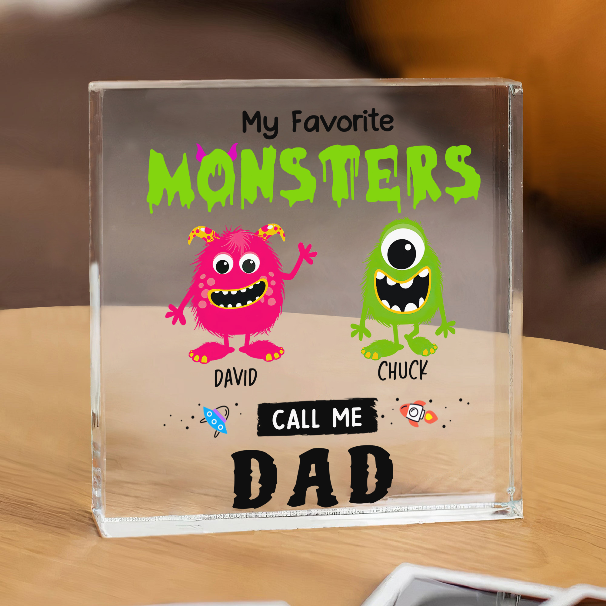 Personalised 2 Names Acrylic Square Keepsake Monster Rectangle Plaque Father's Day Gift - My Favorite Monsters Call Me Dad-Jessemade AU
