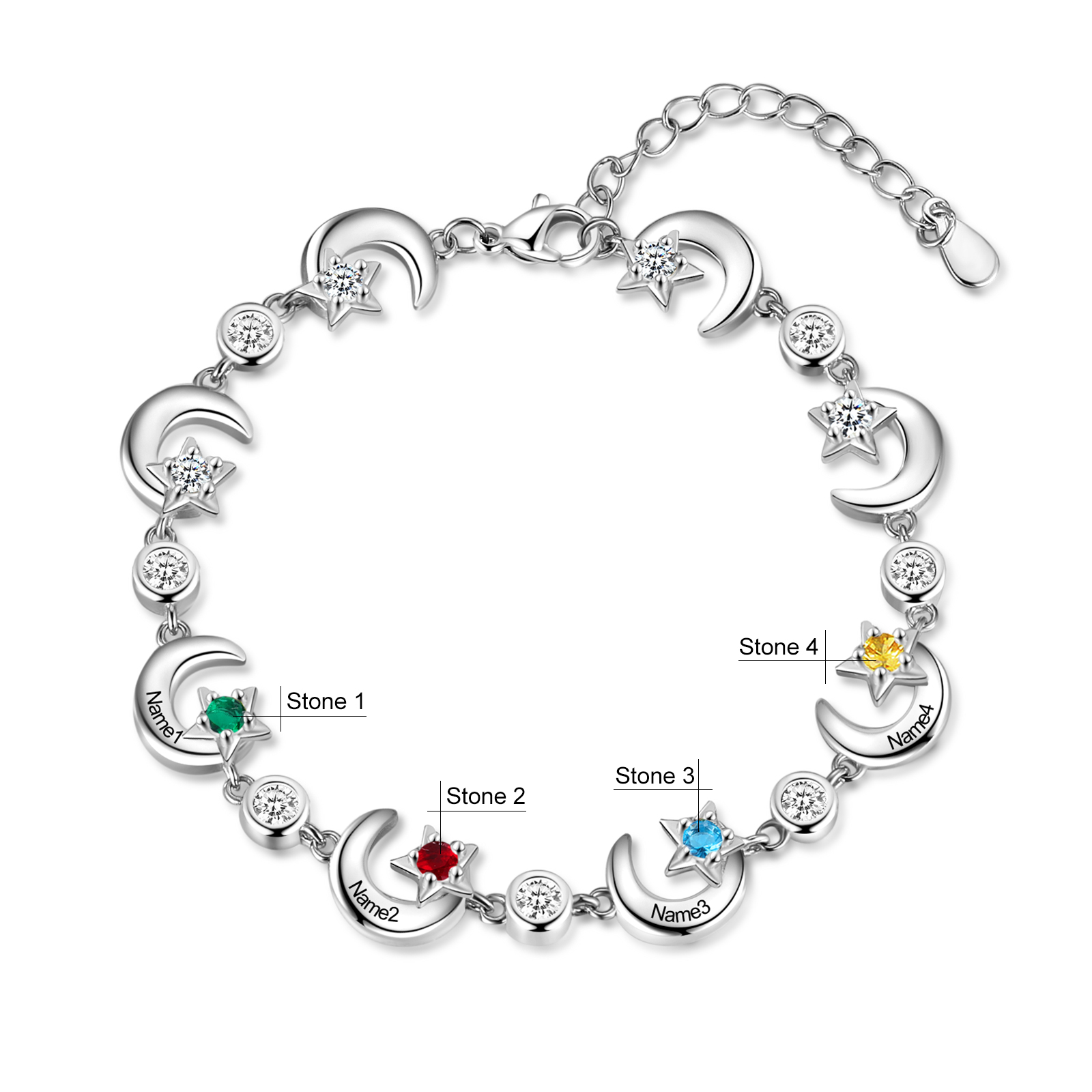 Personalised Moons And Stars Bracelet With 4 Birthstones Custom Names Bracelet Gift For Women-Jessemade AU