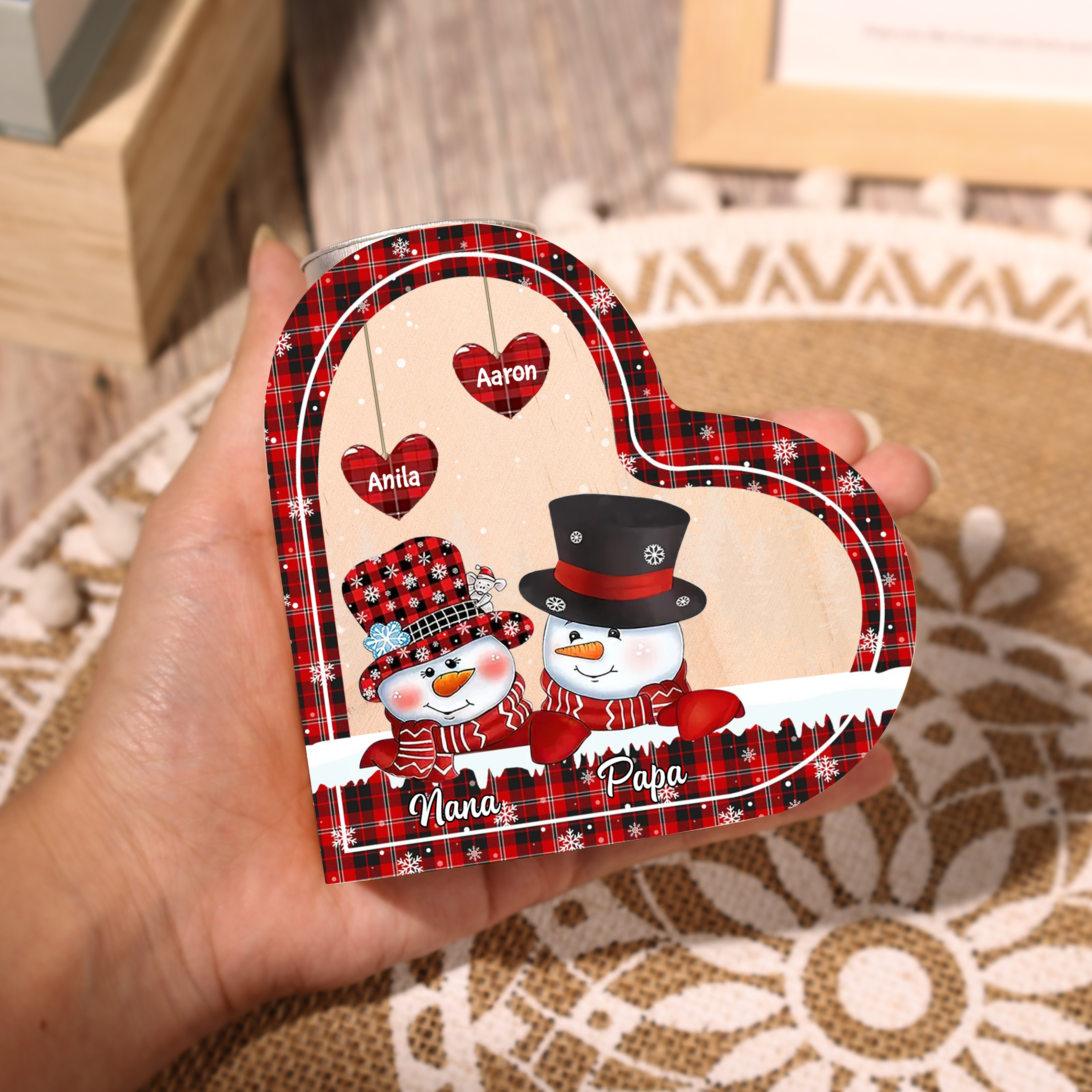 Heart-Shaped Christmas Candle Holder Engraved 4 Names Snowman Candlesticks Personalised Gift for Family-Jessemade AU