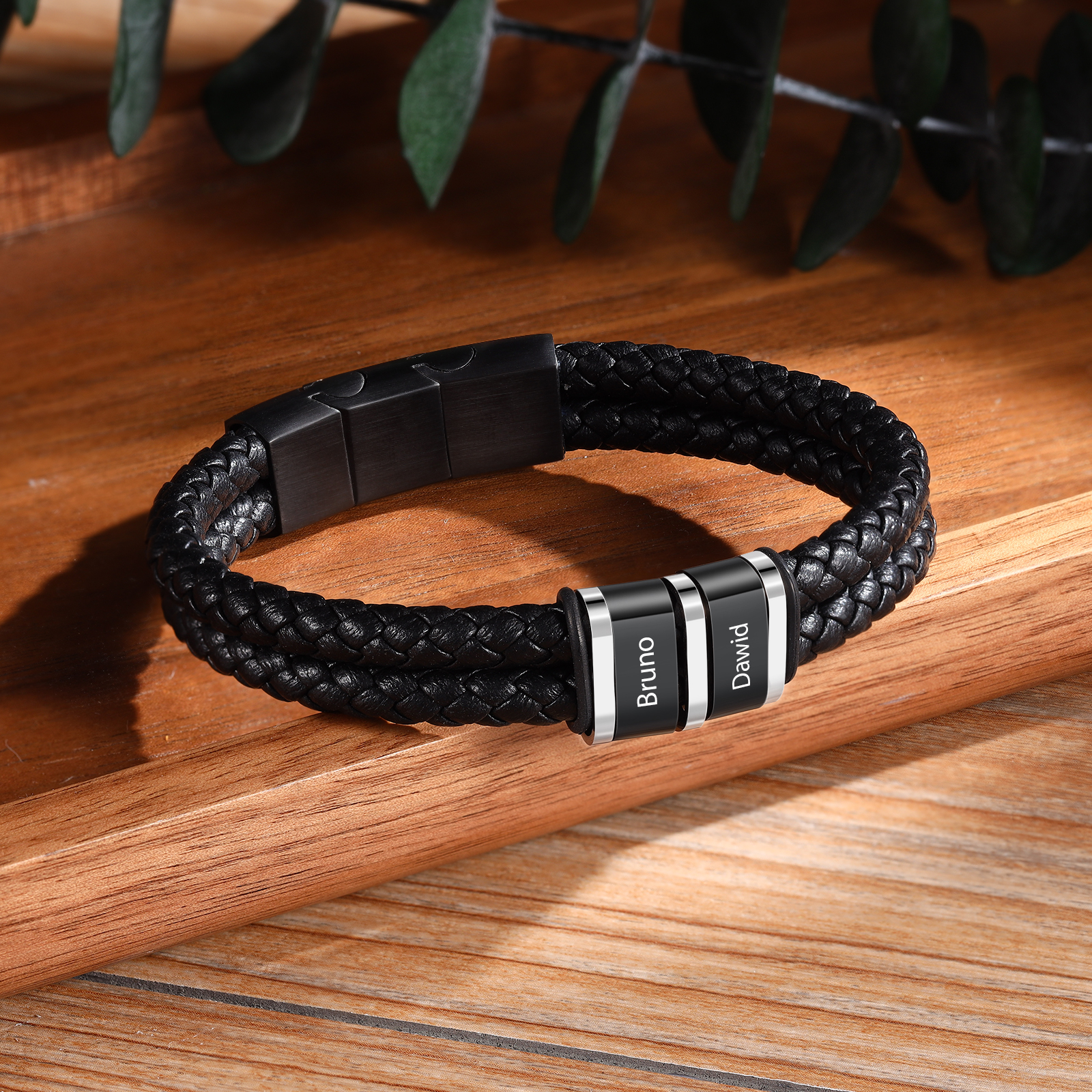 Personalised Braided Leather Bracelet Engraved 2 Names Men's Bracelet for Him