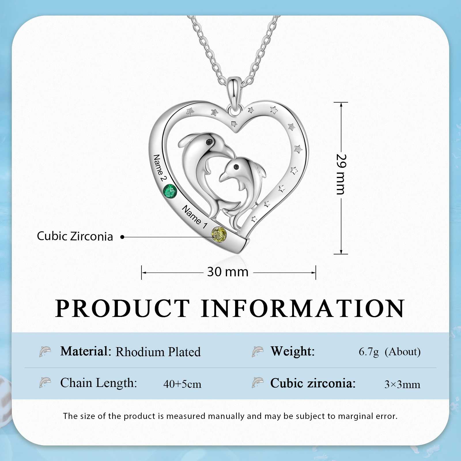 Personalised Heart Dolphin Pendant Necklace Custom 2 Birthstones Engraved 2 Names Necklace Gift for Her-Jessemade AU