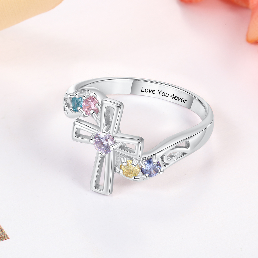 S925 Silver Ring Personalised 5 Birthstones Cross Ring With Names Gifts For Her-Jessemade AU