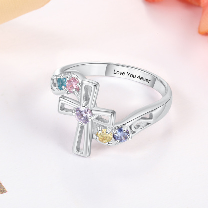 S925 Silver Ring Personalised 5 Birthstones Cross Ring With Names Gifts For Her-Jessemade AU