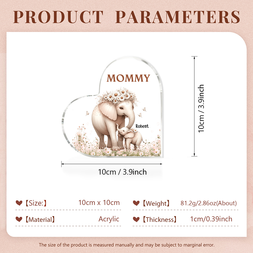 1 Name - Personalised Acrylic Heart Keepsake Custom Text Elephant Family Ornament Gifts for Mother/Grandma-Jessemade AU