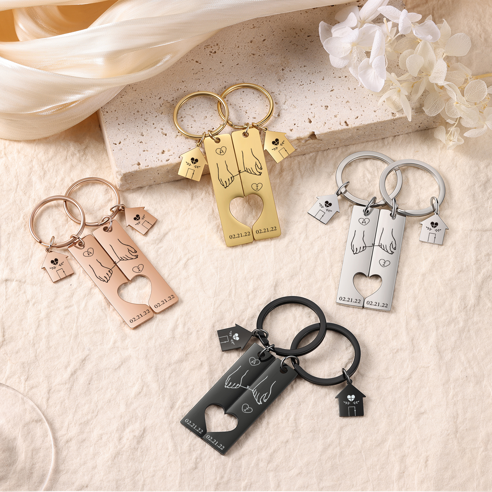 Personalised Couple Keychain Custom 2 Letters & Dates Metal Keyring Matching Keychains Valentine's Day Gifts-Jessemade AU