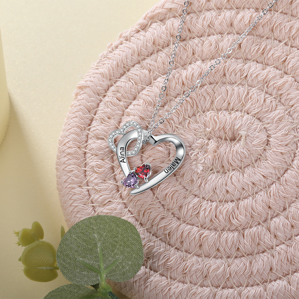 Personalised Heart Necklace With 2 Birthstones Engraved Names Gift For Women-Jessemade AU