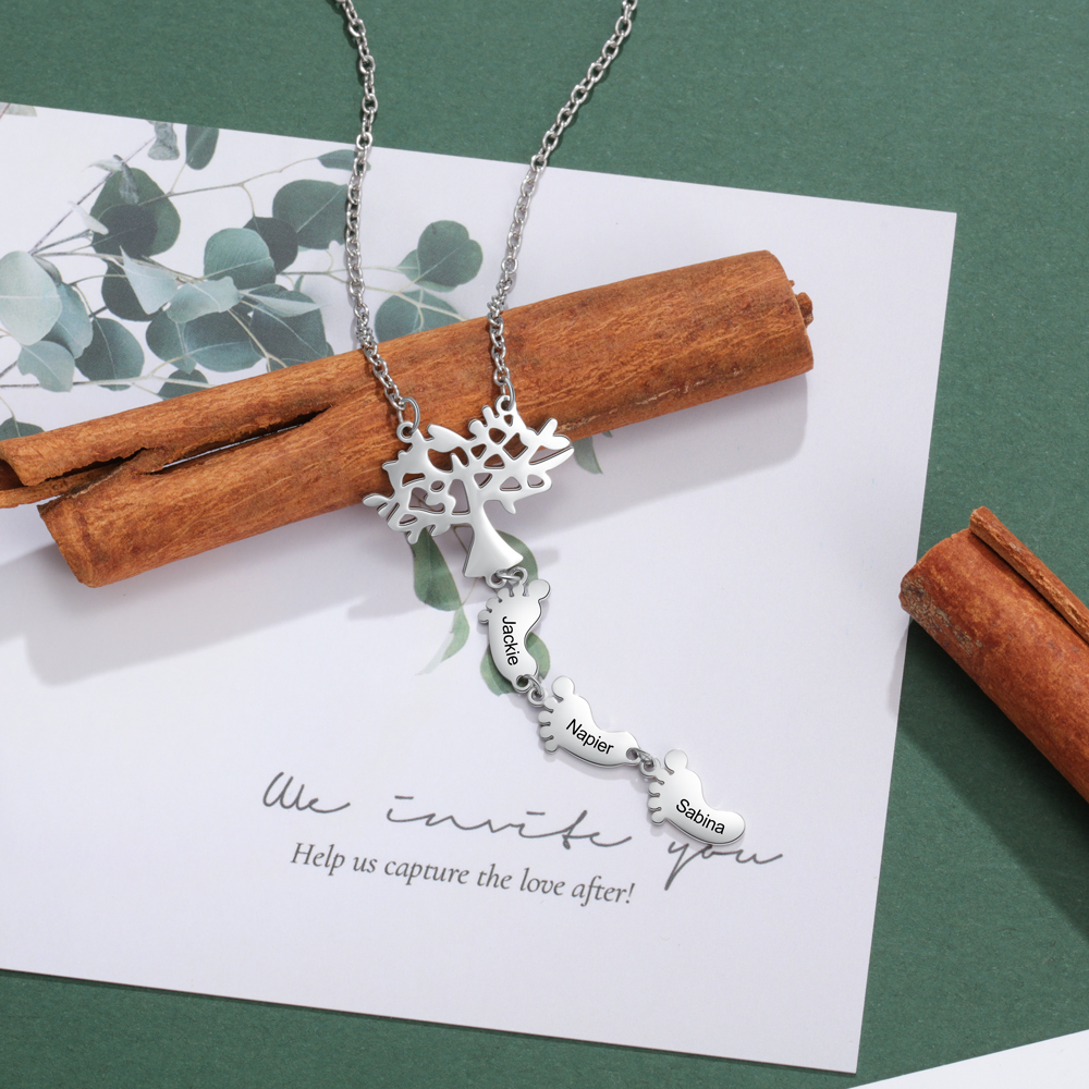 Mother's Day Gifts Personalised Family Tree Baby Feet Mother Necklace Engraved 3 Names Necklace Gifts For Mom-Jessemade AU