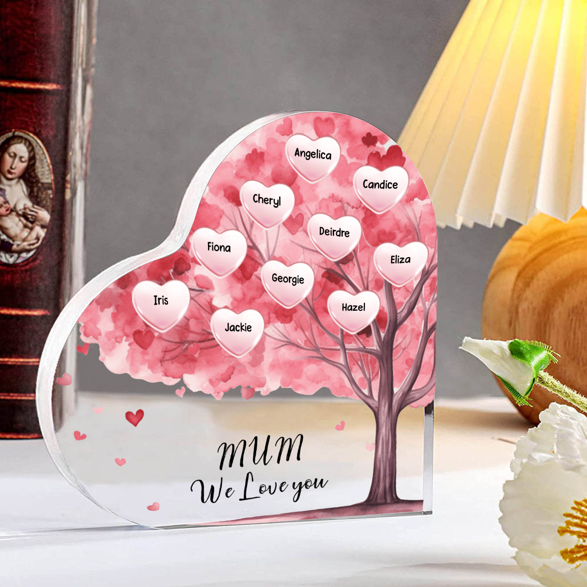 Personalised Text Acrylic Heart Keepsake Custom 1–12 Names Pink Purple Tree Ornaments Gifts for Grandma/Mother-Jessemade AU