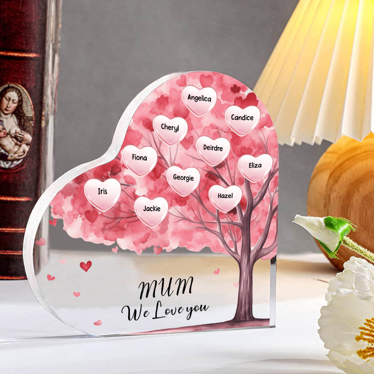 Personalised Text Acrylic Heart Keepsake Custom 1–12 Names Pink Purple Tree Ornaments Gifts for Grandma/Mother-Jessemade AU