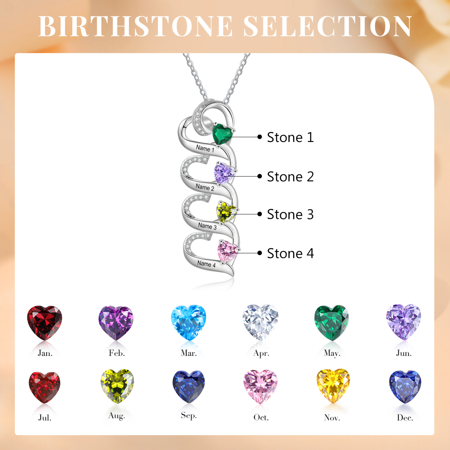 Personalised S925 Silver Heart Necklace Custom 4 Birthstones and Names Gift for Her