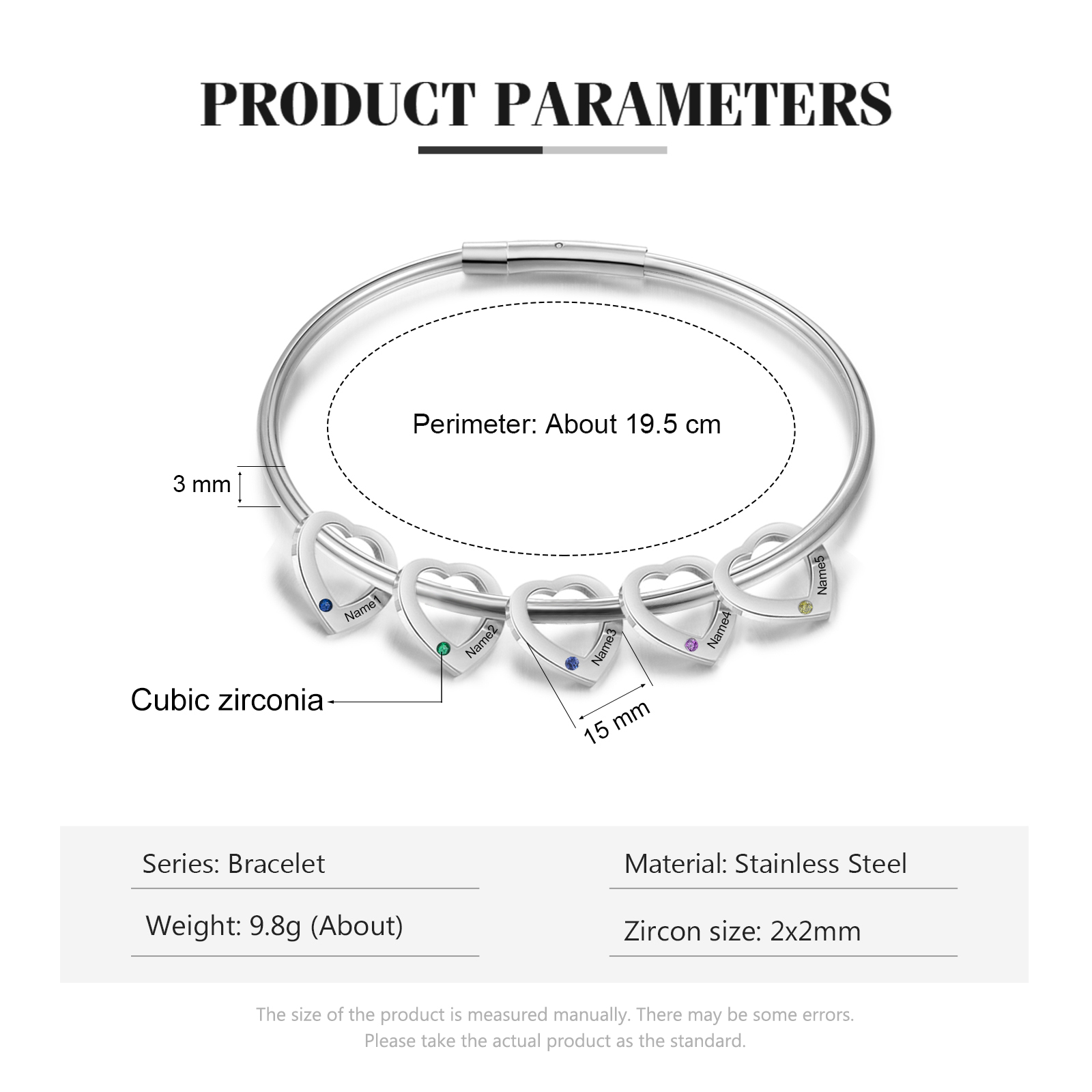 Personalised Heart Bracelet With 5 Birthstones Engraved Names Bracelet Gift For Women-Jessemade AU