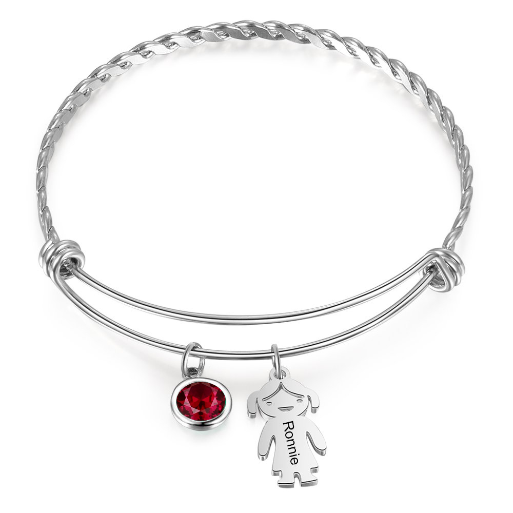 Mother's Day Personalised Kid Charms Bangle Bracelet With Names Customised 1 Birthstone Gift For Women-Jessemade AU