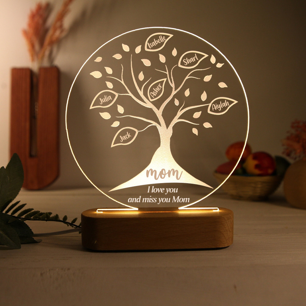 Personalised Family Tree Night Light Engraved 6 Names Wooden LED Lamp-Jessemade AU