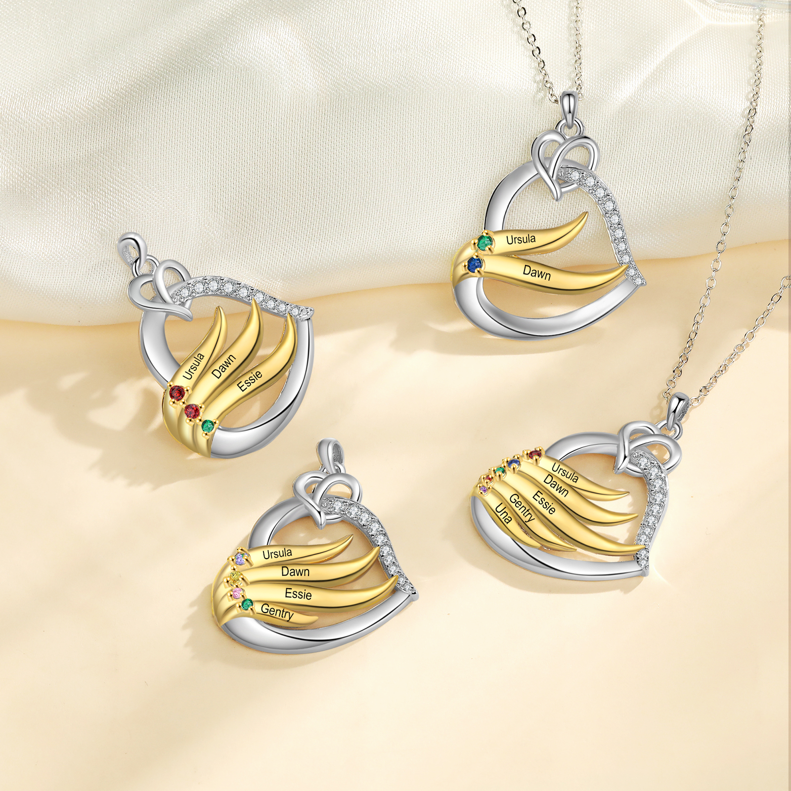 Personalised Golden Intertwined Heart Pendant Necklace Custom 4 Birthstones & 4 Names Necklace Gifts for Her-Jessemade AU