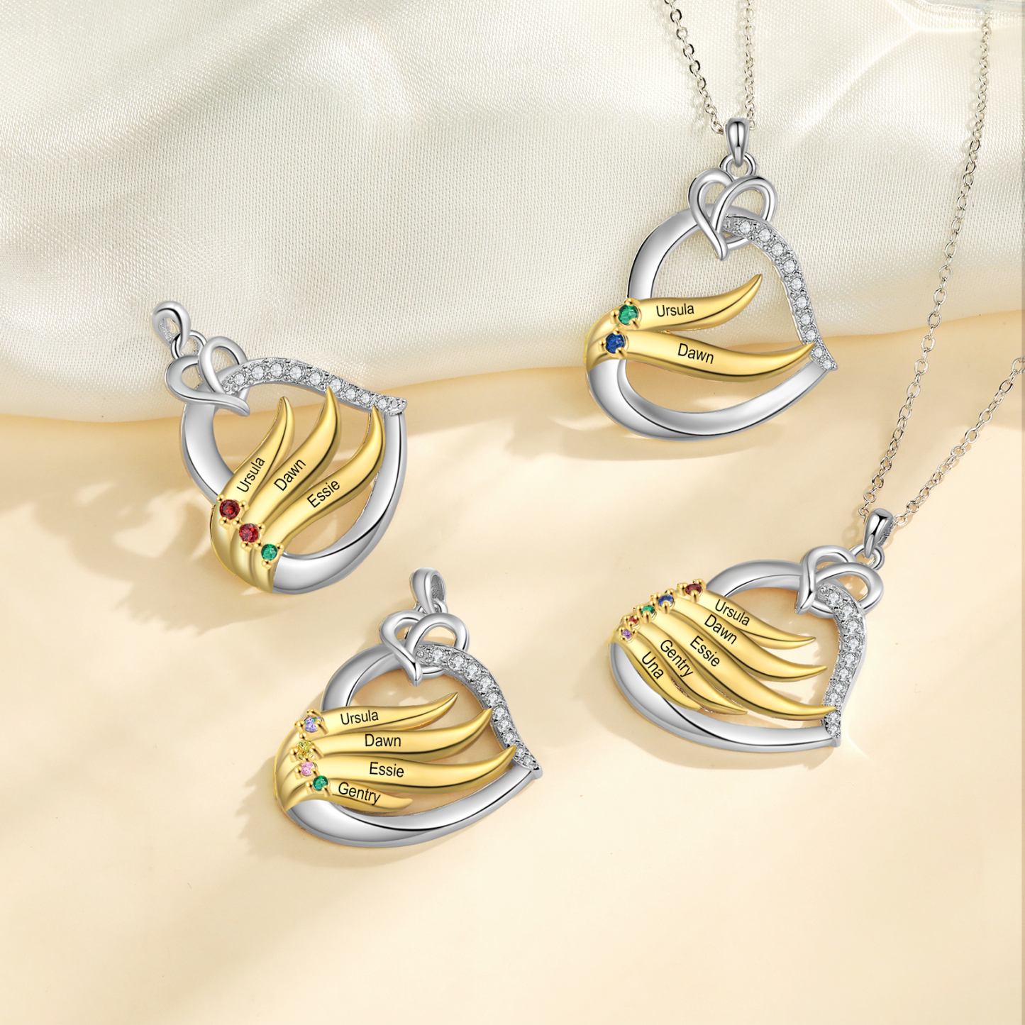 Personalised Golden Intertwined Heart Pendant Necklace Custom 4 Birthstones & 4 Names Necklace Gifts for Her-Jessemade AU