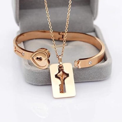 Key to My Heart Couple Key Necklace and Love Lock Bracelet Set-Jessemade AU