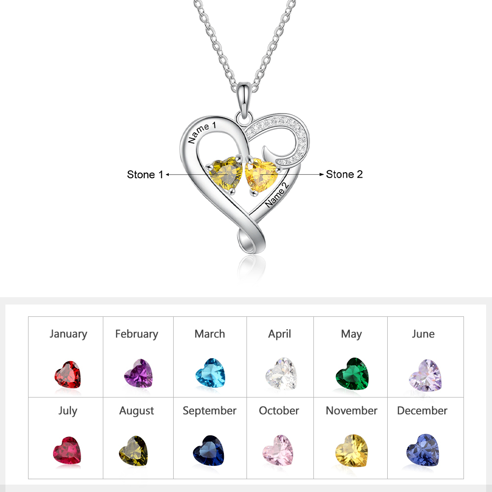Customised Birthstones Heart Necklace Engraving 2 Names Gifts for Her-Jessemade AU