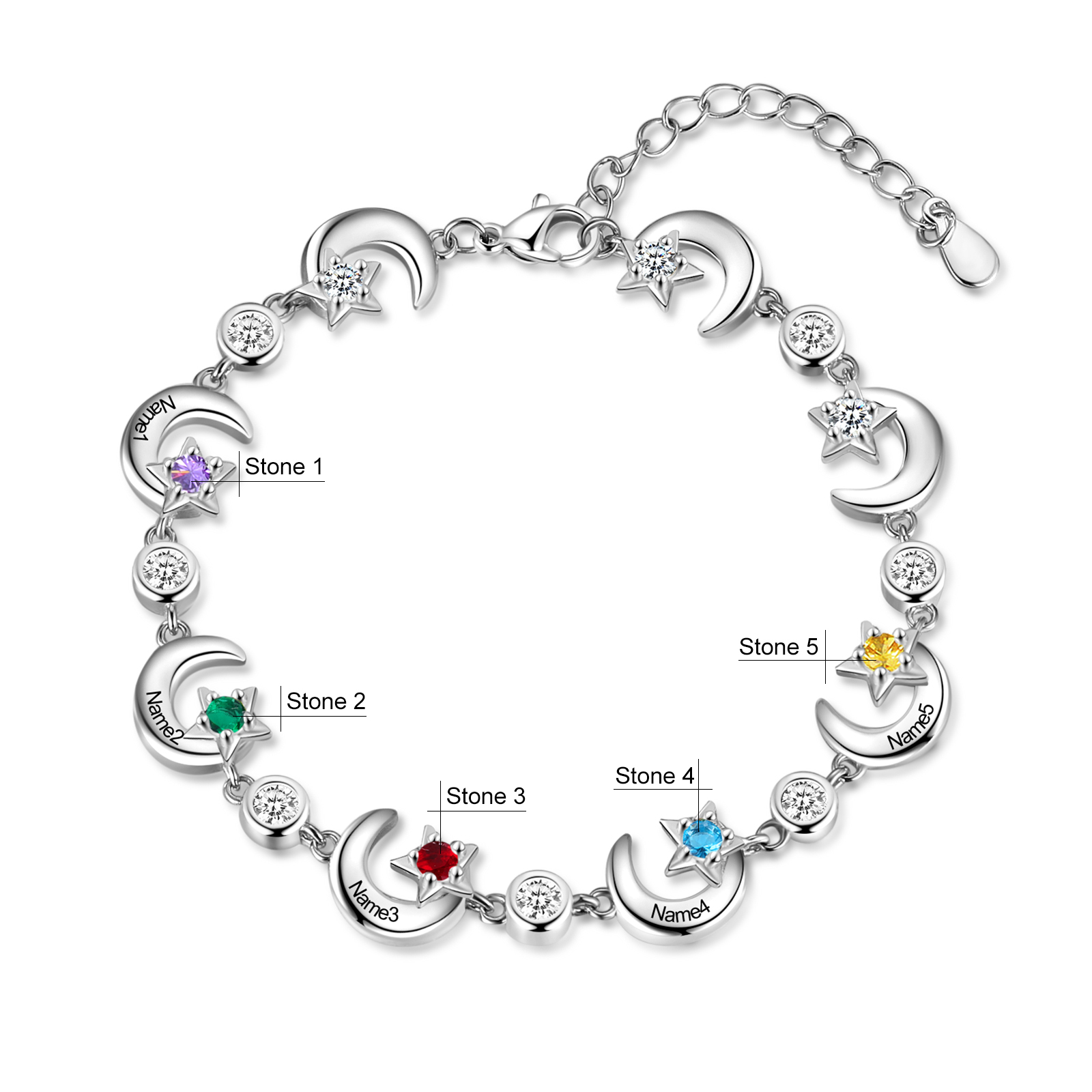 Personalised Moons And Stars Bracelet With 5 Birthstones Custom Names Bracelet Gift For Women-Jessemade AU