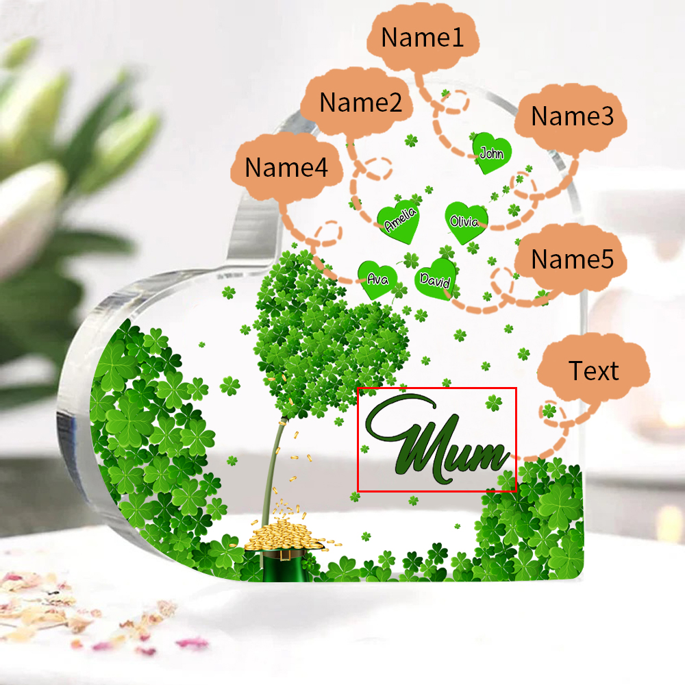 5 Names - Personalised Acrylic Heart Keepsake Custom Text Four-Leaf Clover Ornament Gift for Mother/Grandma-Jessemade AU