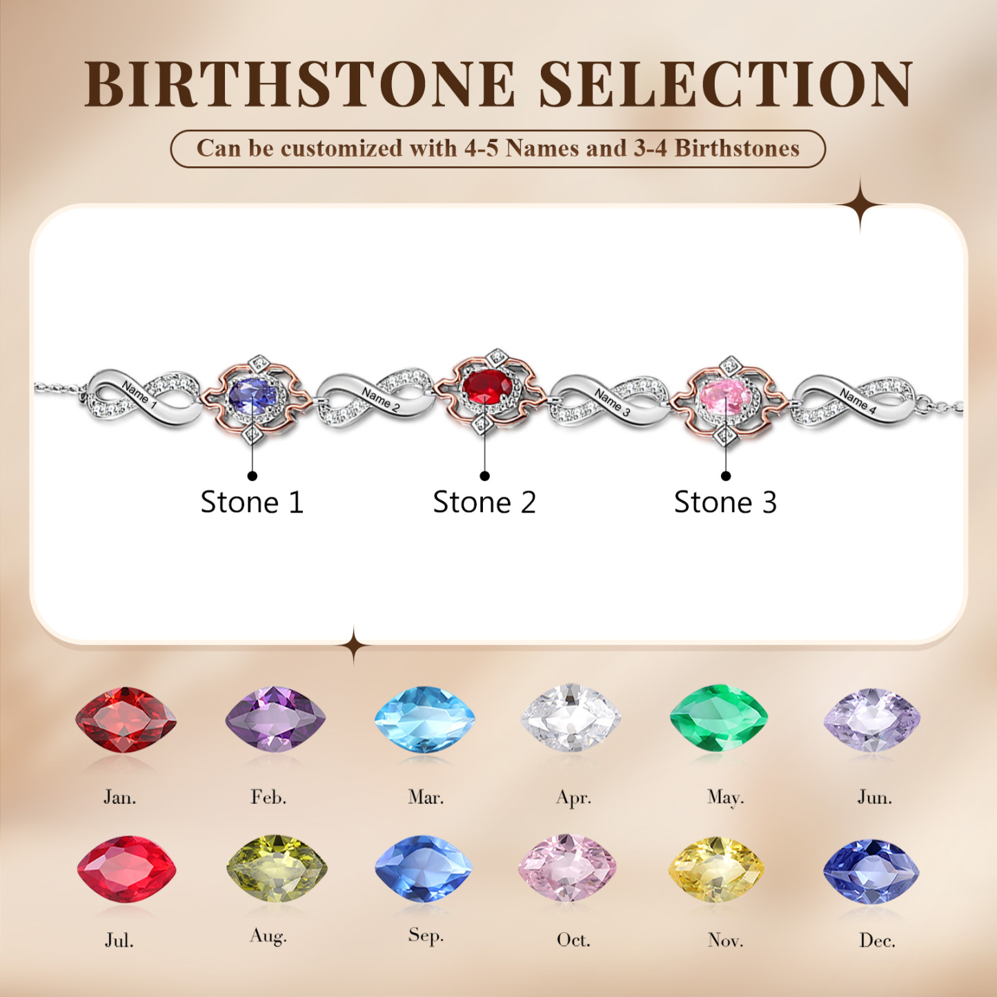 Infinity Bracelet Personalised 3 Birthstones Engraved 4 Names Women's Bracelets Birthday Gift for Her-Jessemade AU