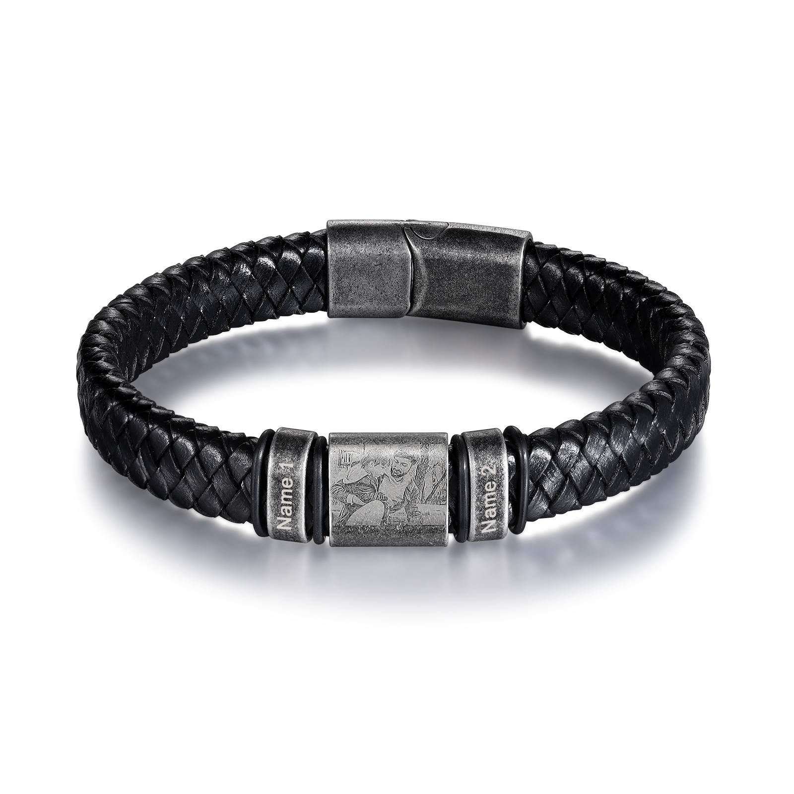 2 Names - Personalised Men's Leather Braided Bracelet Customised Name & Photo Bracelet Vintage Gift for Him-Jessemade AU