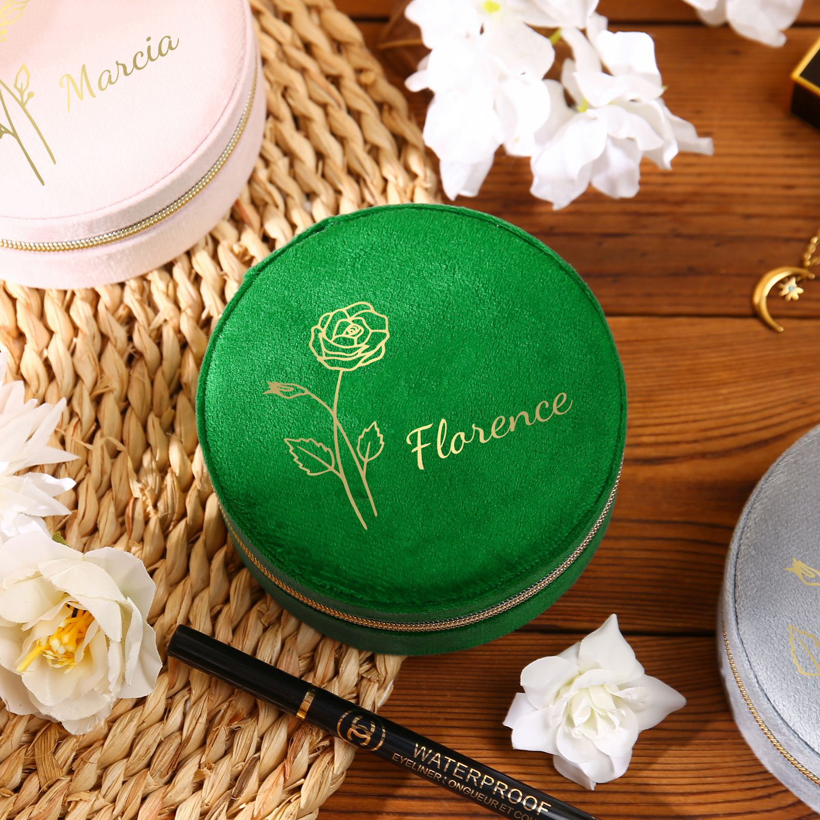 Personalised Name Jewelry Storage Box Custom Birth Flower Travel Jewelry Box Circle Box Gifts for Her-Jessemade AU
