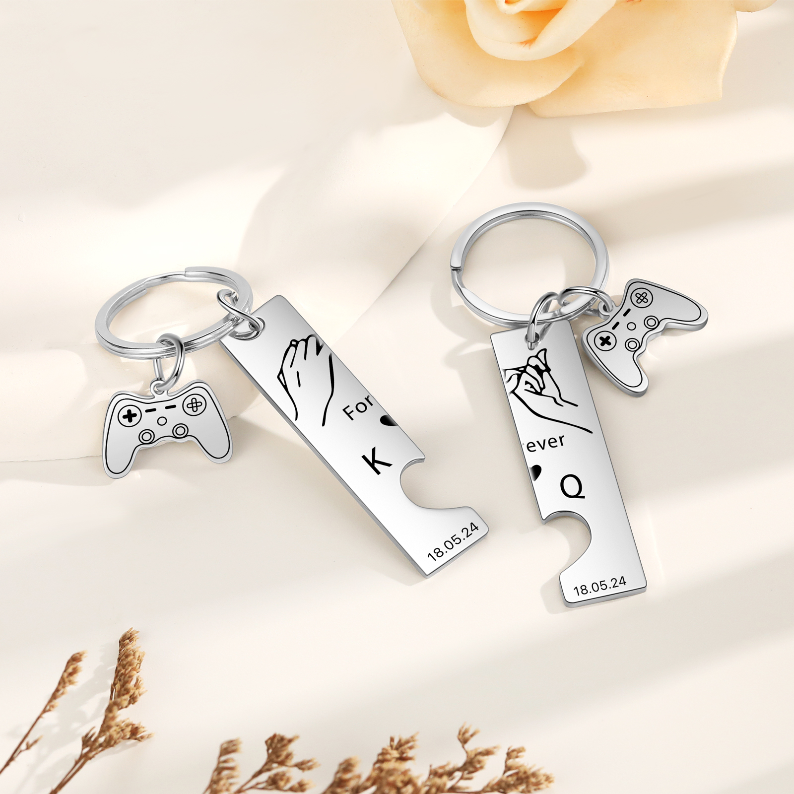 Personalised Couple Keychain Pinky Swear Custom Text & 2 Letters & Date Keyring Game Console Valentine's Day Gift for Him/Her-Jessemade AU