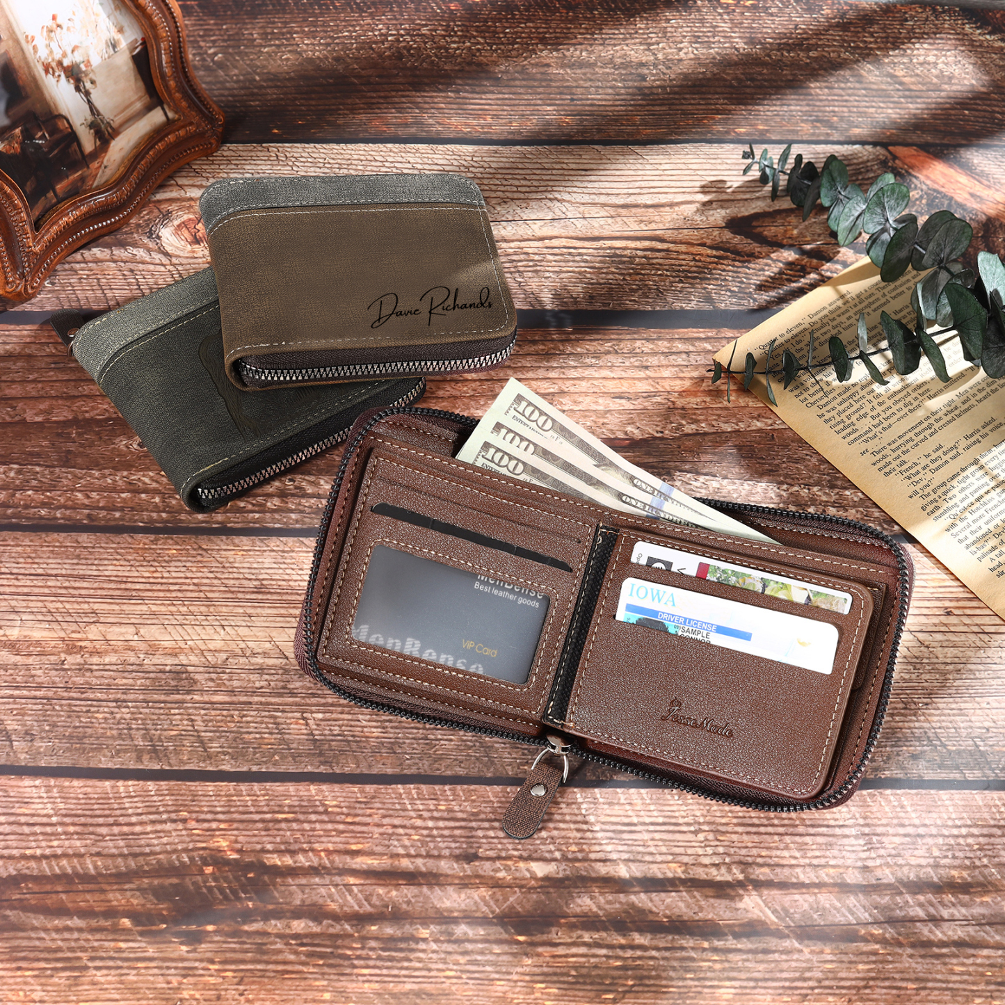 Personalised Text & Letter & Name Billfold Wallet Custom Men's Leather Wallet Zipper Gift for Him-Jessemade AU