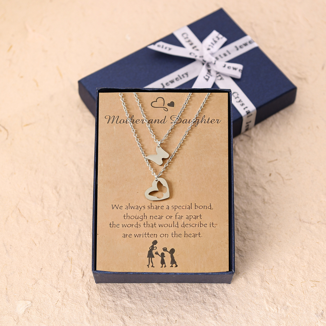 Mother-Daughter Heart Butterfly Pendant Necklace Set Adjustable Necklace with Gift Card for Her-Jessemade AU
