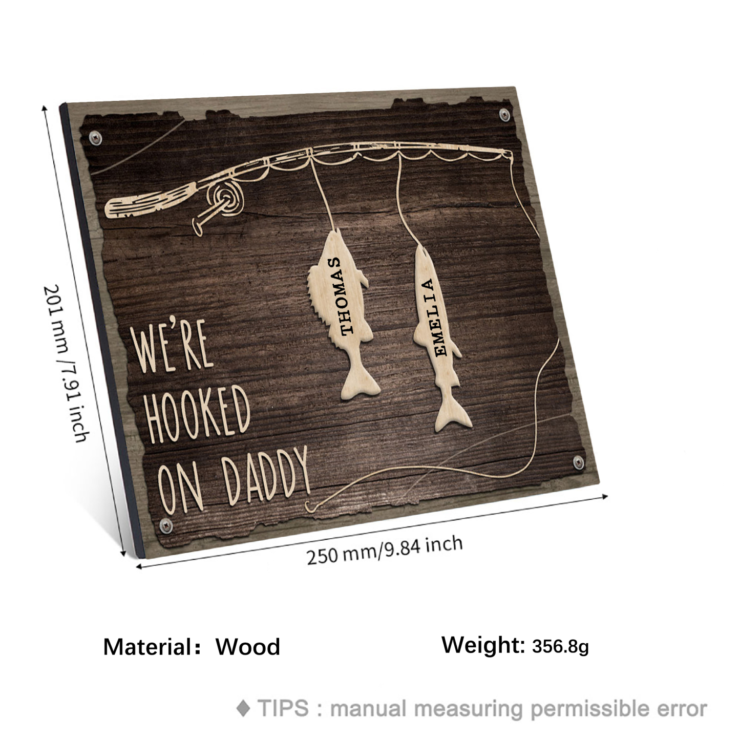 Father's Day Gifts Wood Signs Engrave 2 Names Frame Keepsake -We've Hooked On Daddy-Jessemade AU