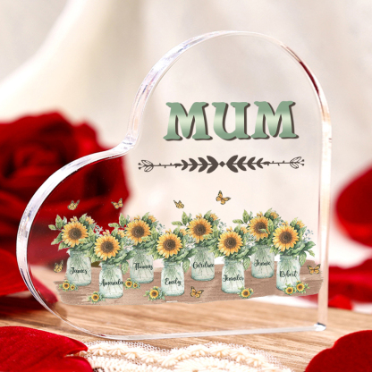 Personalised Acrylic Heart Keepsake Custom 8 Names & 1 Text Sunflower Vase Ornament Gifts for Mother/Grandma-Jessemade AU