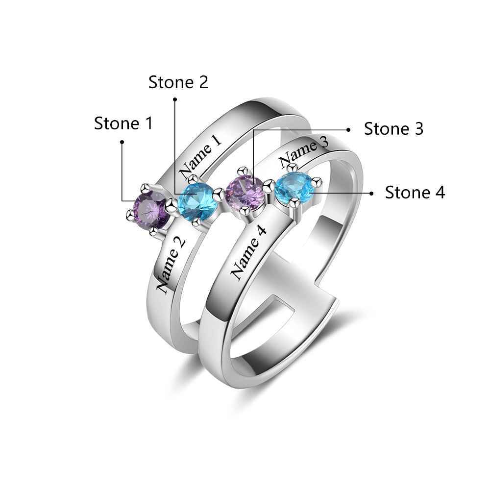 S925 Silver Ring Personalised 4 Birthstones Mothers Ring With Names Gifts For Her-Jessemade AU